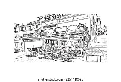 Building view with landmark of Playa Blanca is the 
town in Spain. Hand drawn sketch illustration in vector.