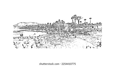 Building view with landmark of Playa Blanca is the 
town in Spain.Hand drawn sketch illustration in vector.