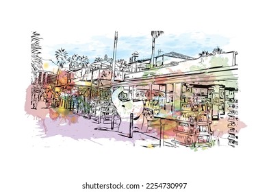 Building view with landmark of Playa de las Americas is the  upscale resort in Spain. Watercolor splash with hand drawn sketch illustration in vector.