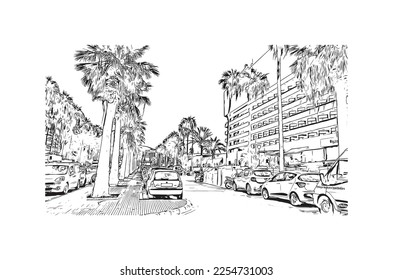 Building view with landmark of Playa de las Americas is the  upscale resort in Spain. Hand drawn sketch illustration in vector.