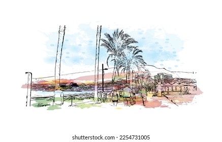 El complejo hotelero de gama alta de España ofrece vistas a la Playa de las Américas. Salto de color de agua con ilustración de esbozo dibujada a mano en vector.