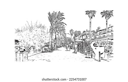 Building view with landmark of Playa de las Americas is the  upscale resort in Spain. Hand drawn sketch illustration in vector.