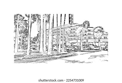 Building view with landmark of Playa de las Americas is the  upscale resort in Spain. Hand drawn sketch illustration in vector.