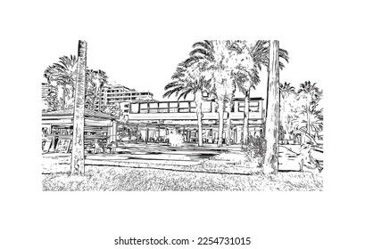Building view with landmark of Playa de las Americas is the  upscale resort in Spain. Hand drawn sketch illustration in vector.