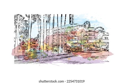 Building view with landmark of Playa de las Americas is the  upscale resort in Spain. Watercolor splash with hand drawn sketch illustration in vector.