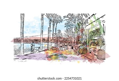 Building view with landmark of Playa de las Americas is the  upscale resort in Spain. Watercolor splash with hand drawn sketch illustration in vector.