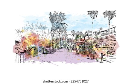 Building view with landmark of Playa de las Americas is the  upscale resort in Spain. Watercolor splash with hand drawn sketch illustration in vector.