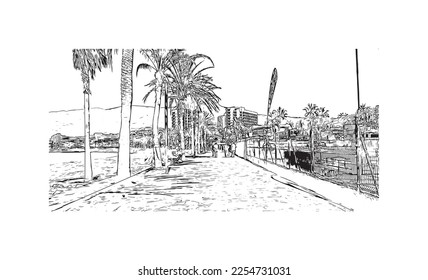 Die Ferienanlage Playa de las Americas ist ein erstklassiges Resort in Spanien. Handgezeichnete Skizzengrafik in Vektorgrafik.