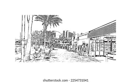Building view with landmark of Playa de las Americas is the  upscale resort in Spain. Hand drawn sketch illustration in vector.