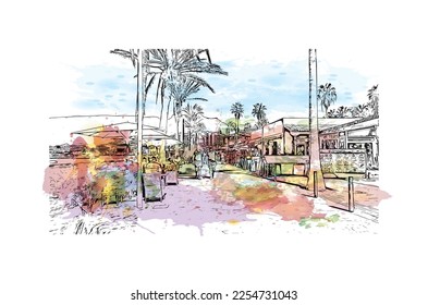 Building view with landmark of Playa de las Americas is the  upscale resort in Spain. Watercolor splash with hand drawn sketch illustration in vector.