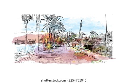 Die Ferienanlage Playa de las Americas ist ein erstklassiges Resort in Spanien. Aquarellspritzer mit handgezeichneter Skizzengrafik in Vektorgrafik.