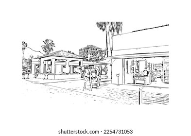Building view with landmark of Playa de las Americas is the  upscale resort in Spain. Hand drawn sketch illustration in vector.