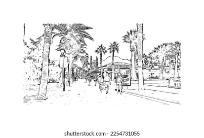 Building view with landmark of Playa de las Americas is the  upscale resort in Spain. Hand drawn sketch illustration in vector.
