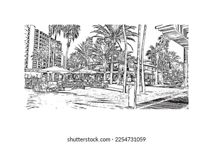 Building view with landmark of Playa de las Americas is the  upscale resort in Spain. Hand drawn sketch illustration in vector.