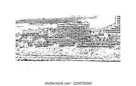 Building view with landmark of Playa de las Americas is the  upscale resort in Spain. Hand drawn sketch illustration in vector.