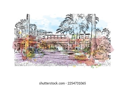 Building view with landmark of Playa de las Americas is the  upscale resort in Spain. Watercolor splash with hand drawn sketch illustration in vector.