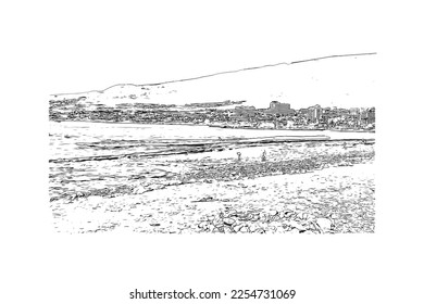 Building view with landmark of Playa de las Americas is the  upscale resort in Spain. Hand drawn sketch illustration in vector.