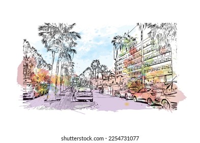 Building view with landmark of Playa de las Americas is the  upscale resort in Spain. Watercolor splash with hand drawn sketch illustration in vector.