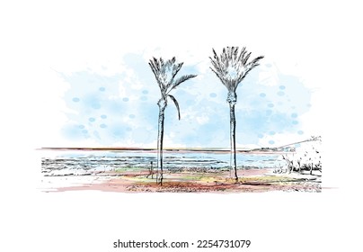 Building view with landmark of Playa de las Americas is the  upscale resort in Spain. Watercolor splash with hand drawn sketch illustration in vector.