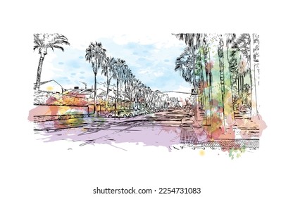 Building view with landmark of Playa de las Americas is the  upscale resort in Spain. Watercolor splash with hand drawn sketch illustration in vector.