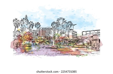 Die Ferienanlage Playa de las Americas ist ein erstklassiges Resort in Spanien. Aquarellspritzer mit handgezeichneter Skizzengrafik in Vektorgrafik.