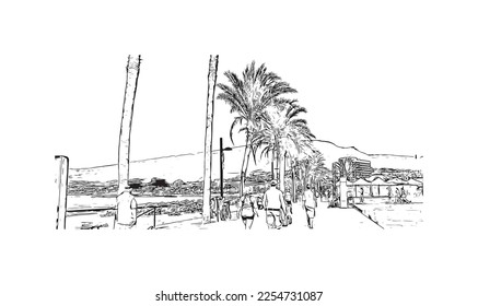 Building view with landmark of Playa de las Americas is the  upscale resort in Spain. Hand drawn sketch illustration in vector.