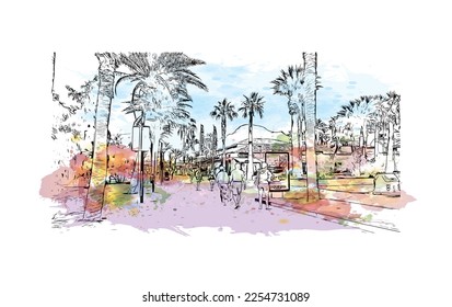 Building view with landmark of Playa de las Americas is the  upscale resort in Spain. Watercolor splash with hand drawn sketch illustration in vector.
