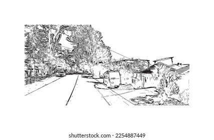 La vista de edificio con un punto de referencia de Pleasure Point es la 
lugar designado para el censo en California. Dibujo a mano de ilustración de esbozo en vector.