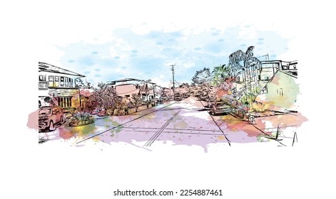 Die Aussicht auf das Gebäude mit Wahrzeichen des Pleasure Point ist die 
in Kalifornien ausgewiesene Volkszählung. Aquarellspritzer mit handgezeichneter Skizzengrafik in Vektorgrafik.