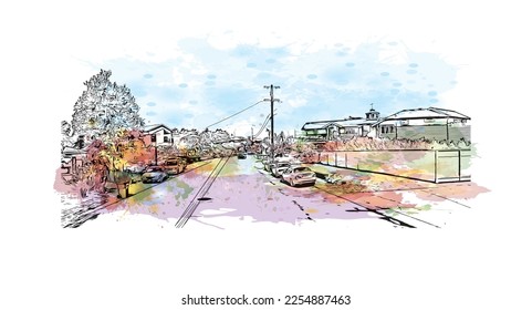 Building view with landmark of Pleasure Point is the 
census designated place in California. Watercolor splash with hand drawn sketch illustration in vector.