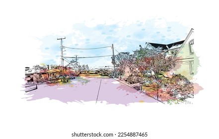 La vista de edificio con un punto de referencia de Pleasure Point es la 
lugar designado para el censo en California. Salto de color de agua con ilustración de esbozo dibujada a mano en vector.