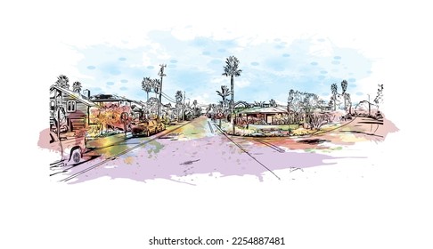 Building view with landmark of Pleasure Point is the 
census designated place in California. Watercolor splash with hand drawn sketch illustration in vector.