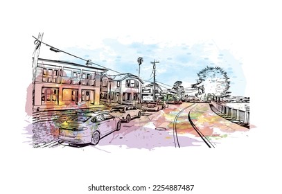 Die Aussicht auf das Gebäude mit Wahrzeichen des Pleasure Point ist die 
in Kalifornien ausgewiesene Volkszählung. Aquarellspritzer mit handgezeichneter Skizzengrafik in Vektorgrafik.