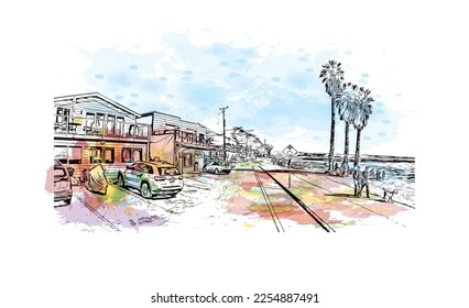 Building view with landmark of Pleasure Point is the 
census designated place in California. Watercolor splash with hand drawn sketch illustration in vector.