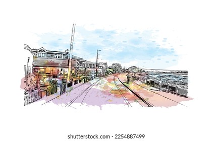Building view with landmark of Pleasure Point is the 
census designated place in California. Watercolor splash with hand drawn sketch illustration in vector.