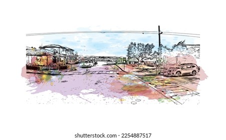 La vista de edificio con un punto de referencia de Pleasure Point es la 
lugar designado para el censo en California. Salto de color de agua con ilustración de esbozo dibujada a mano en vector.