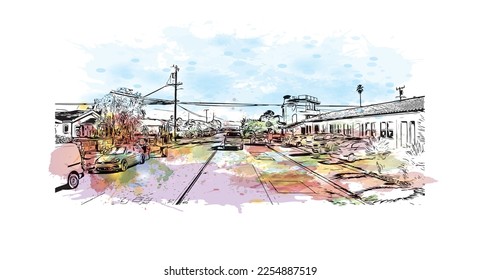 La vista de edificio con un punto de referencia de Pleasure Point es la 
lugar designado para el censo en California. Salto de color de agua con ilustración de esbozo dibujada a mano en vector.