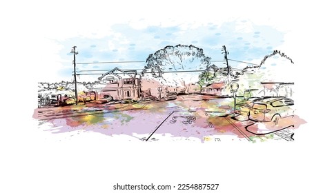 La vista de edificio con un punto de referencia de Pleasure Point es la 
lugar designado para el censo en California. Salto de color de agua con ilustración de esbozo dibujada a mano en vector.