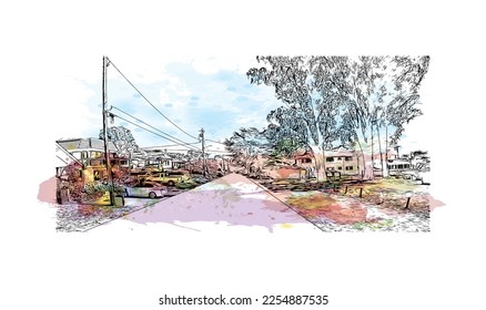 La vista de edificio con un punto de referencia de Pleasure Point es la 
lugar designado para el censo en California. Salto de color de agua con ilustración de esbozo dibujada a mano en vector.