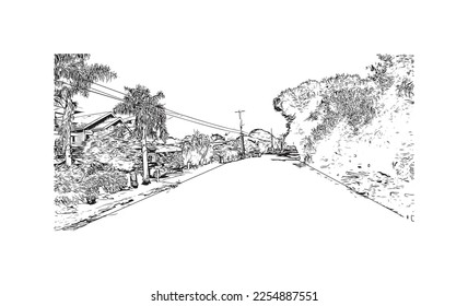 Building view with landmark of Pleasure Point is the 
census designated place in California. Hand drawn sketch illustration in vector.