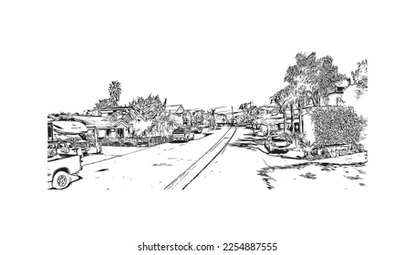 La vista de edificio con un punto de referencia de Pleasure Point es la 
lugar designado para el censo en California. Dibujo a mano de ilustración de esbozo en vector.