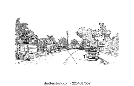 Die Aussicht auf das Gebäude mit Wahrzeichen des Pleasure Point ist die 
in Kalifornien ausgewiesene Volkszählung. Handgezeichnete Skizzengrafik in Vektorgrafik.