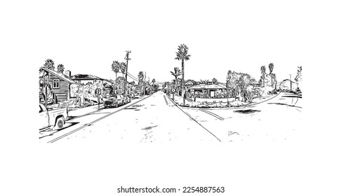 La vista de edificio con un punto de referencia de Pleasure Point es la 
lugar designado para el censo en California. Dibujo a mano de ilustración de esbozo en vector.