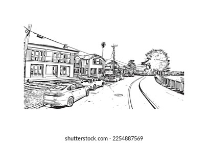 La vista de edificio con un punto de referencia de Pleasure Point es la 
lugar designado para el censo en California. Dibujo a mano de ilustración de esbozo en vector.