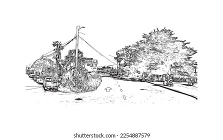 Building view with landmark of Pleasure Point is the 
census designated place in California. Hand drawn sketch illustration in vector.