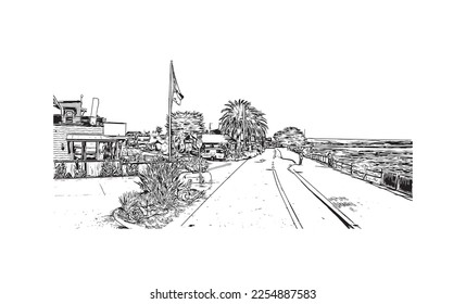 Building view with landmark of Pleasure Point is the 
census designated place in California. Hand drawn sketch illustration in vector.