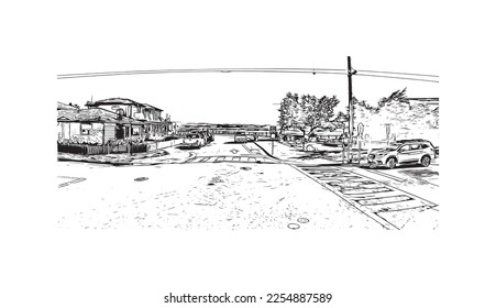 Building view with landmark of Pleasure Point is the 
census designated place in California. Hand drawn sketch illustration in vector.