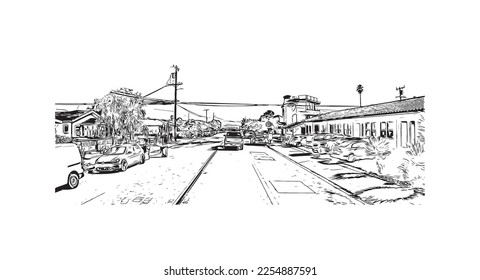 Building view with landmark of Pleasure Point is the 
census designated place in California. Hand drawn sketch illustration in vector.