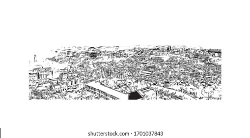 Building view with landmark of Plovdiv is an ancient city built around 7 hills, in southern Bulgaria. Hand drawn sketch illustration in vector.