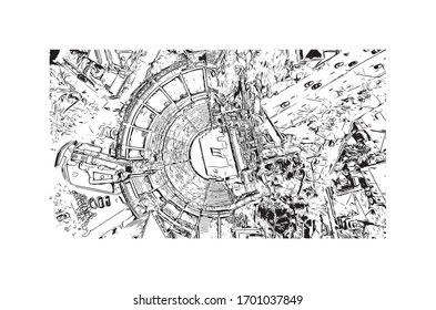 Building view with landmark of Plovdiv is an ancient city built around 7 hills, in southern Bulgaria. Hand drawn sketch illustration in vector.